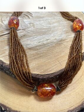 Vintage Brown Multi-Strand Necklace with Orange Amber Beads